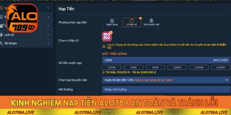 Kinh nghiệm nạp tiền Alo789 an toàn và tránh lỗi